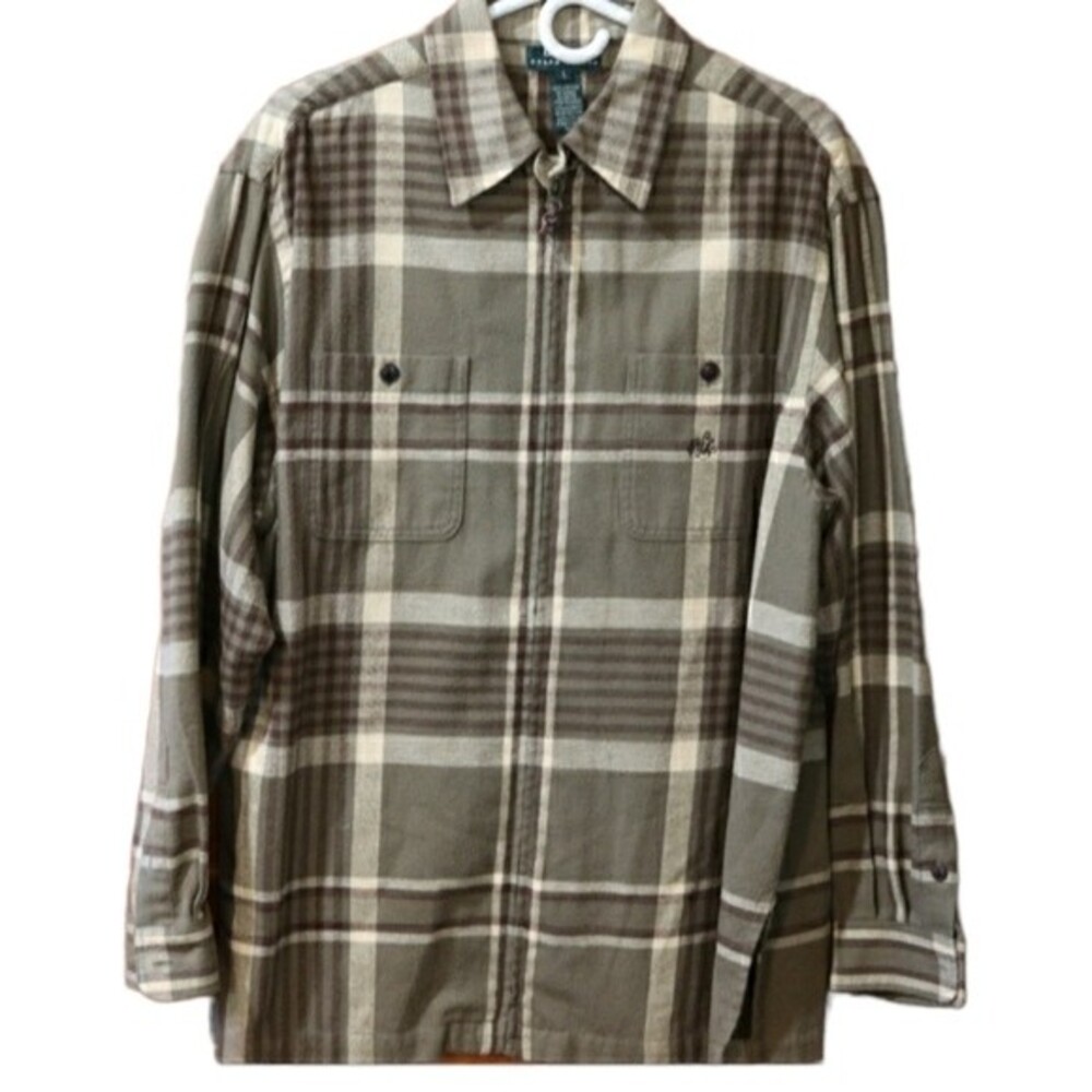 Lauren Ralph Lauren Green & Tan Plaid Shacket Full Zip Shirt Jacket LG